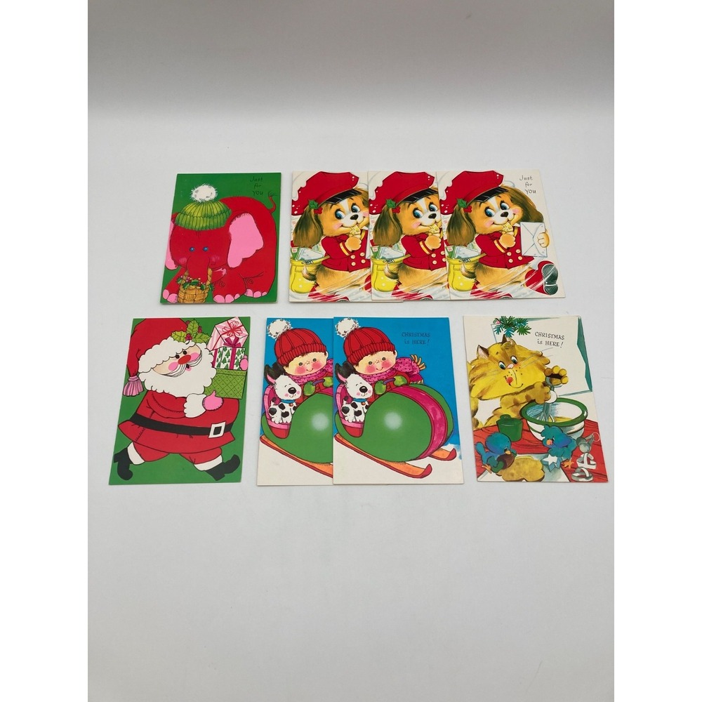 Lot of 8 Vintage Unused Christmas Cards W/ Envelopes MCM Santa Dog Cat Elephant